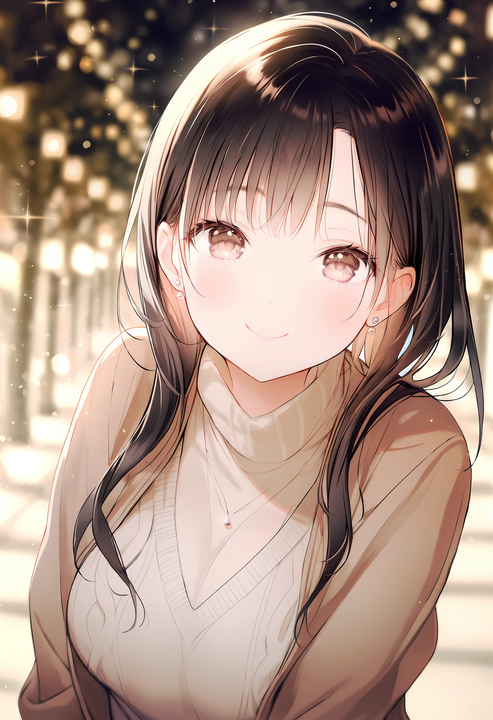 1girl, solo, looking at viewer, smile, blush, black hair, brown eyes, long hair, sweater, jacket, large breasts, nail polish, stud earrings, pendant, fingernails, closed eyes, close-up, avenue, sparkle_background, depth of field