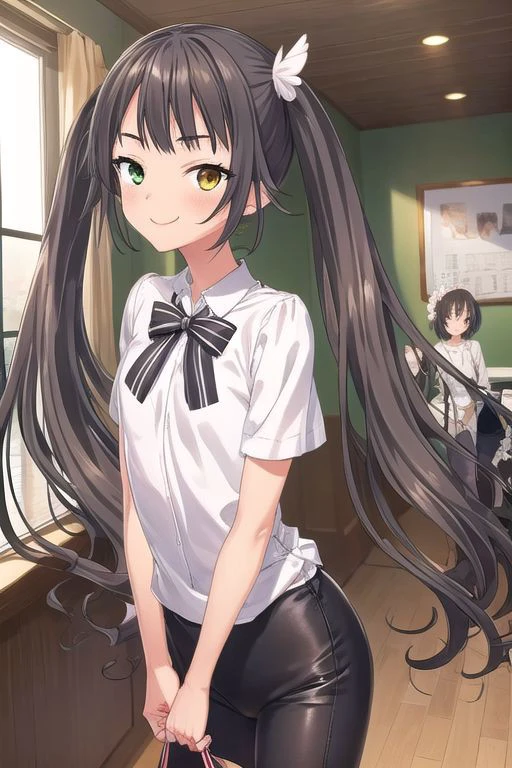 ((masterpiece)),(best quality),official art,extremely delicate and beautiful,extremely detailed CG,unity 8k wallpaper,ultra detailed,beautiful detailed eyes,extremely detailed face,1girl,solo,cowboy shot,looking at viewer,facing viewer, blush, smile, 
(petite:1.2), Komari Azuma,
very long hair,black hair,twintails,hair flower,white flower,wing hair ornament,hairclip,sidelocks,blunt bangs,green eye,yellow eye,heterochromia,
indoors, school background, 
small breasts,<lora:Komari Azuma(sdg2):0.85>,
pastel clothes, cute clothes, innocent, innocent clothes,