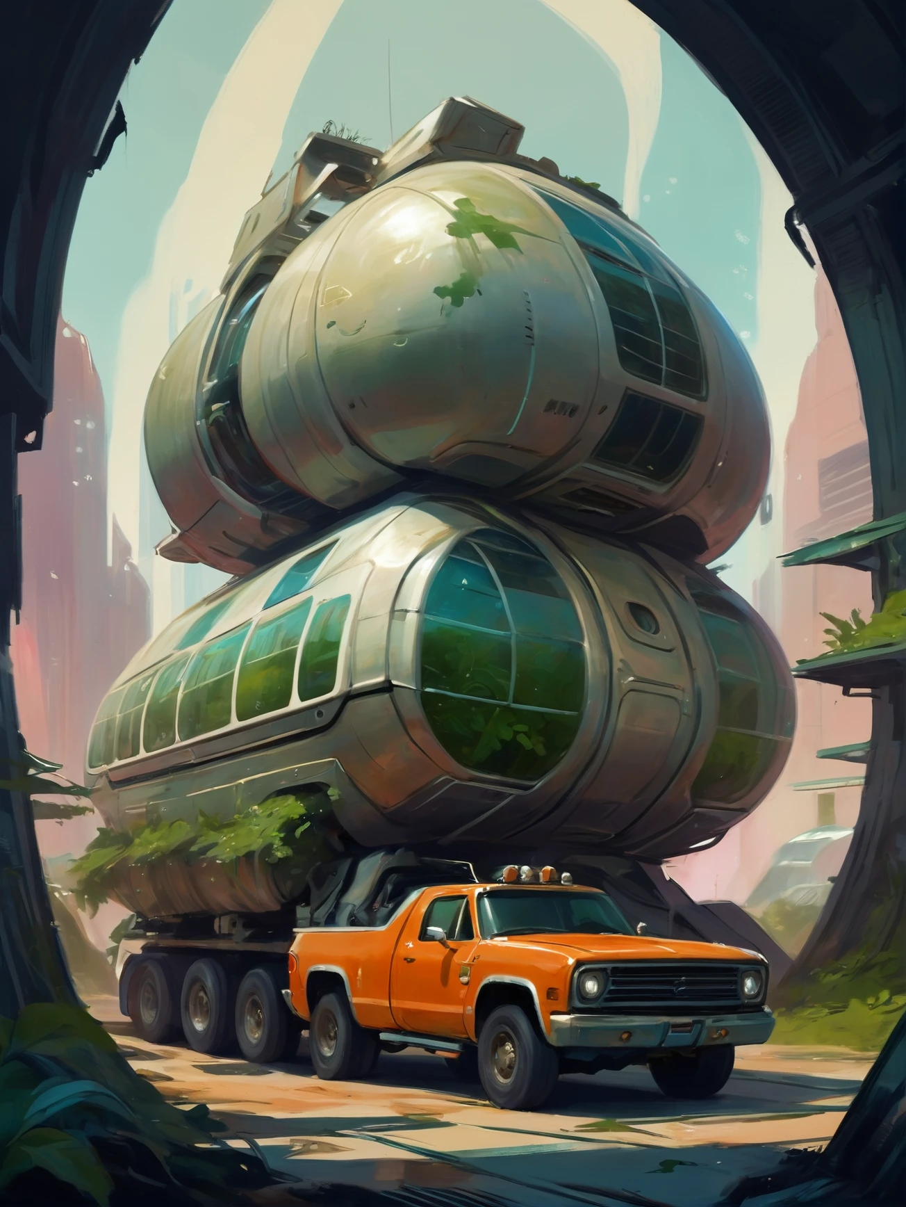 digital painting, period scifi western, A huge, awkwardly large, far-future hauler truck, Overgrown Greenhouse \(room\) <lora:EnvyQuaintFuturismXL01:1.0>