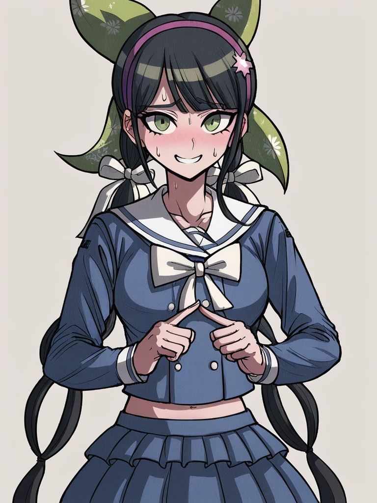 score_9, score_8_up, score_7_up, 
1girl, chabashira tenko, black hair, low twintails, long twintails, green eyes, hairband, hair bow, green bow, 

looking at viewer, nervous, sweatdrop, smile, own hands together,

school uniform, serafuku, bowtie, long sleeves, blue shirt, midriff, skirt, 