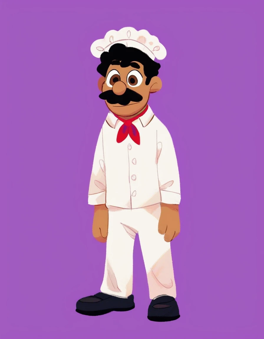 chef_pee_pee, solo, simple background, black hair, 1boy, hat, brown eyes, full body, male focus, purple background, black mustache, chef hat, chef, chef shirt with "chef pee pee" on it, normal white chef hat, red neckerchief, white pants, black shoes,