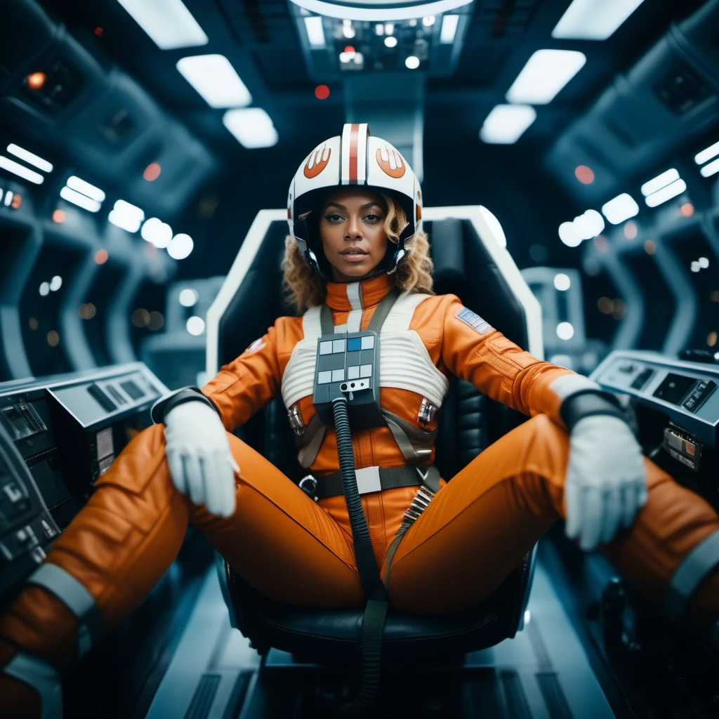 cinematic photo beyonce  wears gloves, orange and white spacesuit, helmet, in cockpit, in space  <lora:StarWars1024:0.8> . 35mm photograph, film, bokeh, professional, 4k, highly detailed