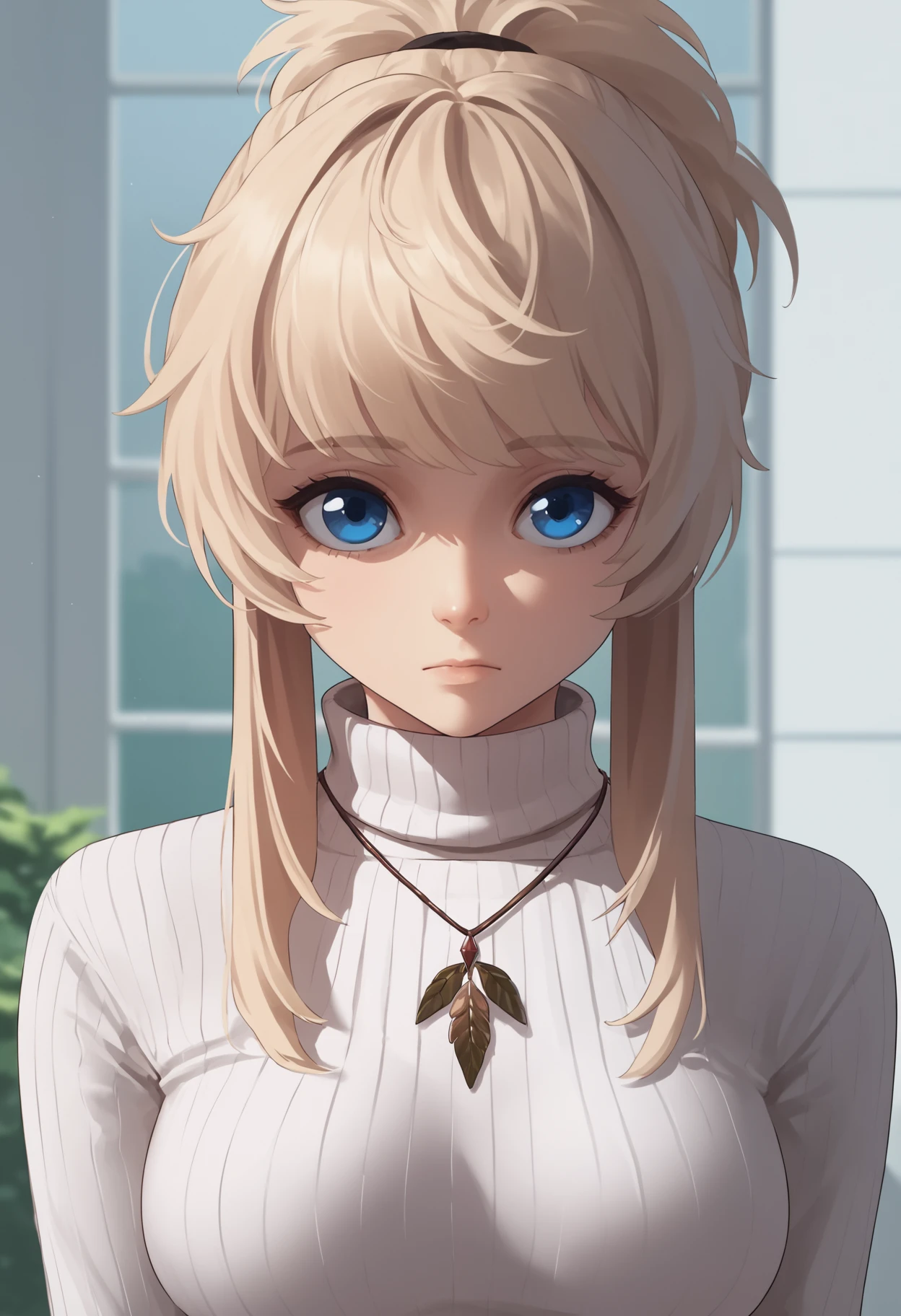 score_9, score_8_up, score_7_up, source_anime BREAK 1girl, solo, <lora:product23_pinne-nikke-richy-v1_pdxl:1> pnnnik, blonde hair, ponytail, bangs, necklace, turtleneck sweater, white sweater, ribbed sweater, breasts, looking at viewer, closed mouth, blue eyes