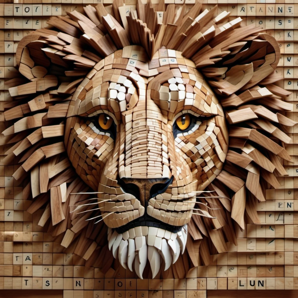 close up of lion made out of scrabblestyle    , <lora:scrabblestyleXL_LoRA:1>