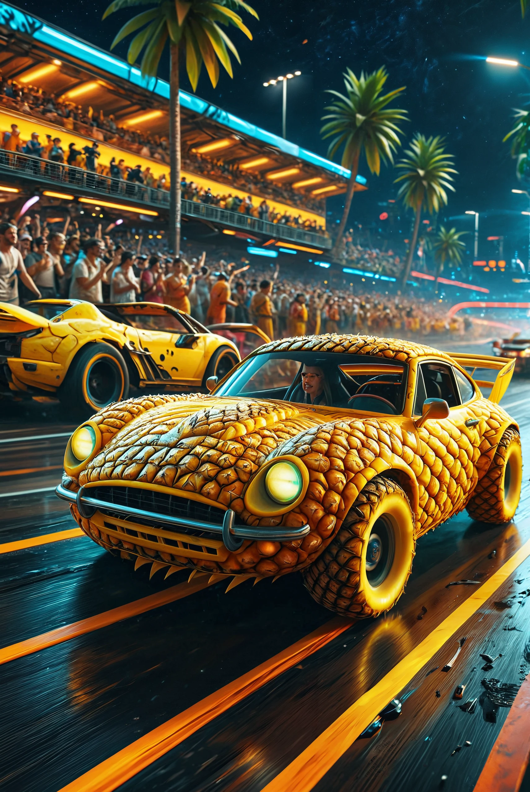 A high-energy digital artwork of a futuristic racing event, with sleek, high-speed vehicles on a neon-lit track, the crowd cheering, and the racers in dynamic poses, conveying the excitement and innovation of future sports.  <lora:PineappleMorph-SDXL-V0.1:1.5> pineapple
hyperdetailed photography, masterpiece, best quality, high quality, highres, ultra-detailed, best quality, 8K, high resolution, extreme detail,
<lora:add-detail-xl:2>  <lora:MJ52:0.5>