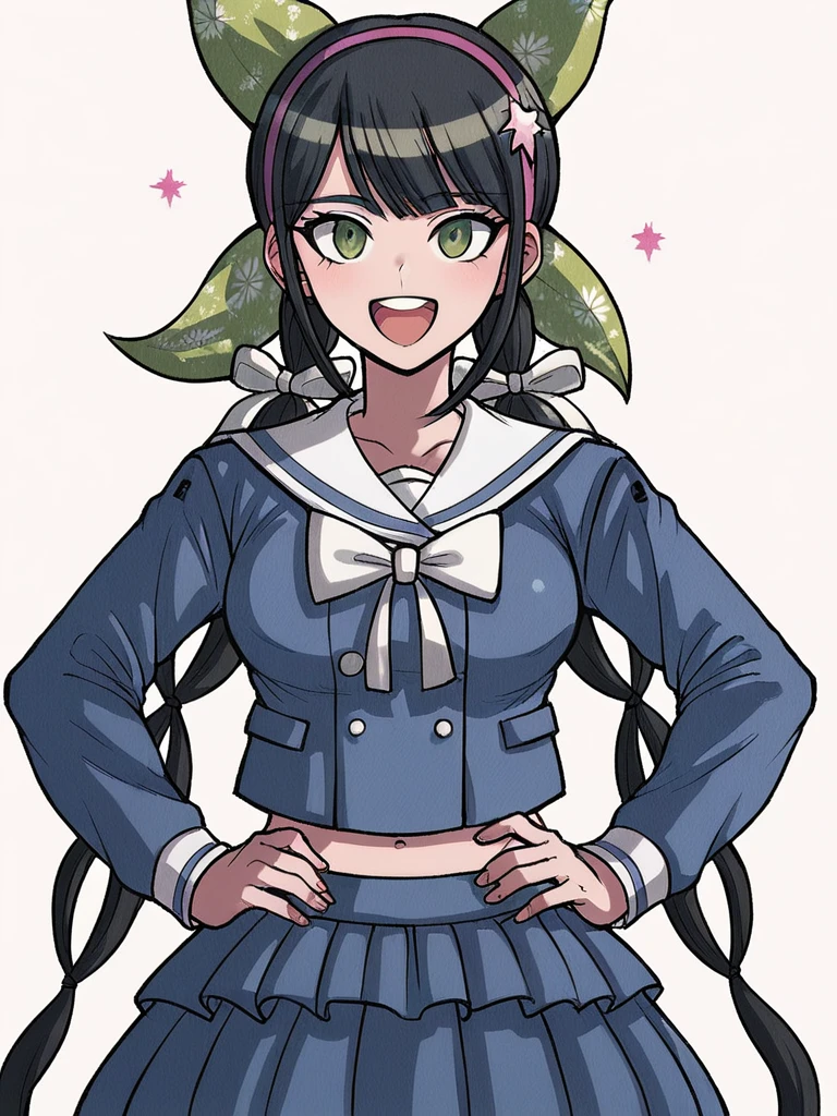 score_9, score_8_up, score_7_up, 
1girl, chabashira tenko, black hair, low twintails, long twintails, green eyes, hair bow, green bow, pink hairband

looking at viewer, smile, :d, upper teeth,

school uniform, serafuku, long sleeves, blue shirt, bowtie, midriff, blue skirt, hands on hips,