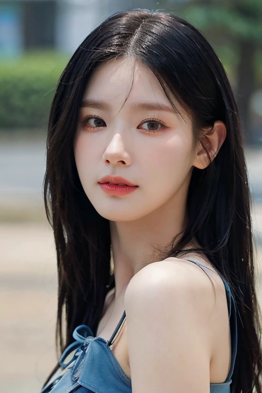 masterpiece, best quality, ultra-detailed, ultra high res, (photorealistic:1.4), raw photo, (realistic:0.2), 8k HDR, realistic lighting, 1girl, solo,  asymmetrical hair, outdoors, bokeh, (detailed lips), (detailed pores), (detailed skin textures), (detailed face:1.2), (upper body:1.3), simple dress,