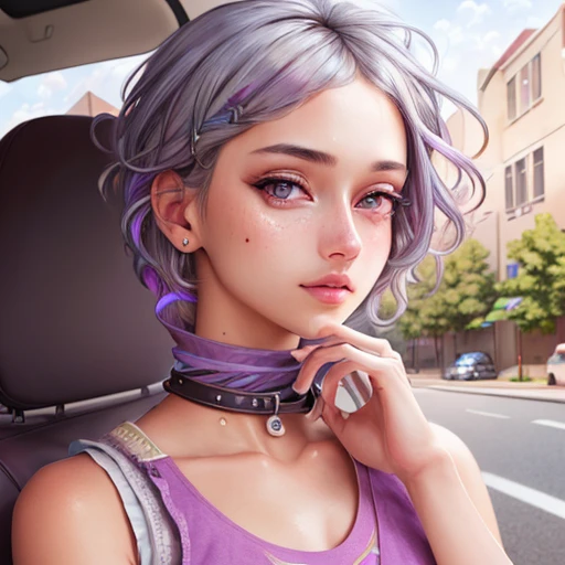 <lora:Contender_Girls_Frontline:0.84> Contender, 1girl, two tone hair, silver hair, short hair, streaked hair, asymetrical hair, purple streak in hair, purple eyes, high collar, gray tank top, jean shorts, suburban background, leaning against car, best quality, masterpiece, detailed, 8K, uhd, (extremely detailed CG unity 8k wallpaper),(masterpiece), (best quality), (ultra-detailed), (best illustration), detailed face, skin pores, detailed skin, detailed eyes, high quality eyes, good quality hands, high resolution, OverallDetail,