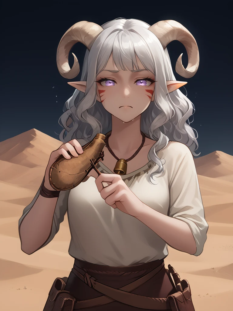 source_furry, score_7_up, rating_safe, source_anime, anime face, <lora:whisker_markings:0.8>red whisker_markings, silver long wavy hair,  bell necklace, short pointy ears, purple eyes, <lora:age_slider_v4:0.6>
waterskin:1.5, on wrist:1.4, belt,  holding waterskin by right hand:1.5, water drop, sweat, 
<lora:Smooth Style 2 SDXL_LoRA_Pony Diffusion V6 XL:0.4> tired:1.2 ,  open eyes, <lora:Test_Diana:0.8> tiefling_bard_diana:1.2, <lora:INKxXmo shaded face:0.5> Shaded FaceINKxXmo Dark Theme, 
<lora:waterskin:1.8> desert,