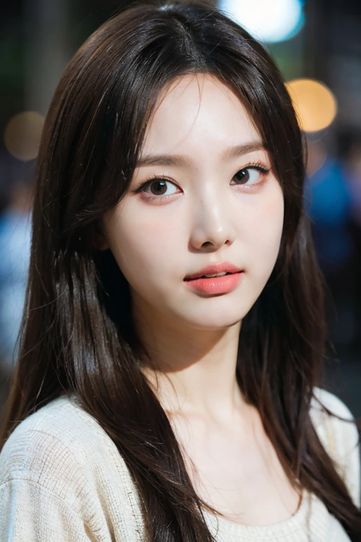 masterpiece, best quality, ultra-detailed, ultra high res, (photorealistic:1.4), raw photo, (realistic:0.2), 8k HDR, realistic night lighting, 1girl, solo,  asymmetrical hair, outdoors, bokeh, (detailed lips), (detailed pores), (detailed skin textures), (detailed face:1.2), (upper body:1.3), cardigans, standing,