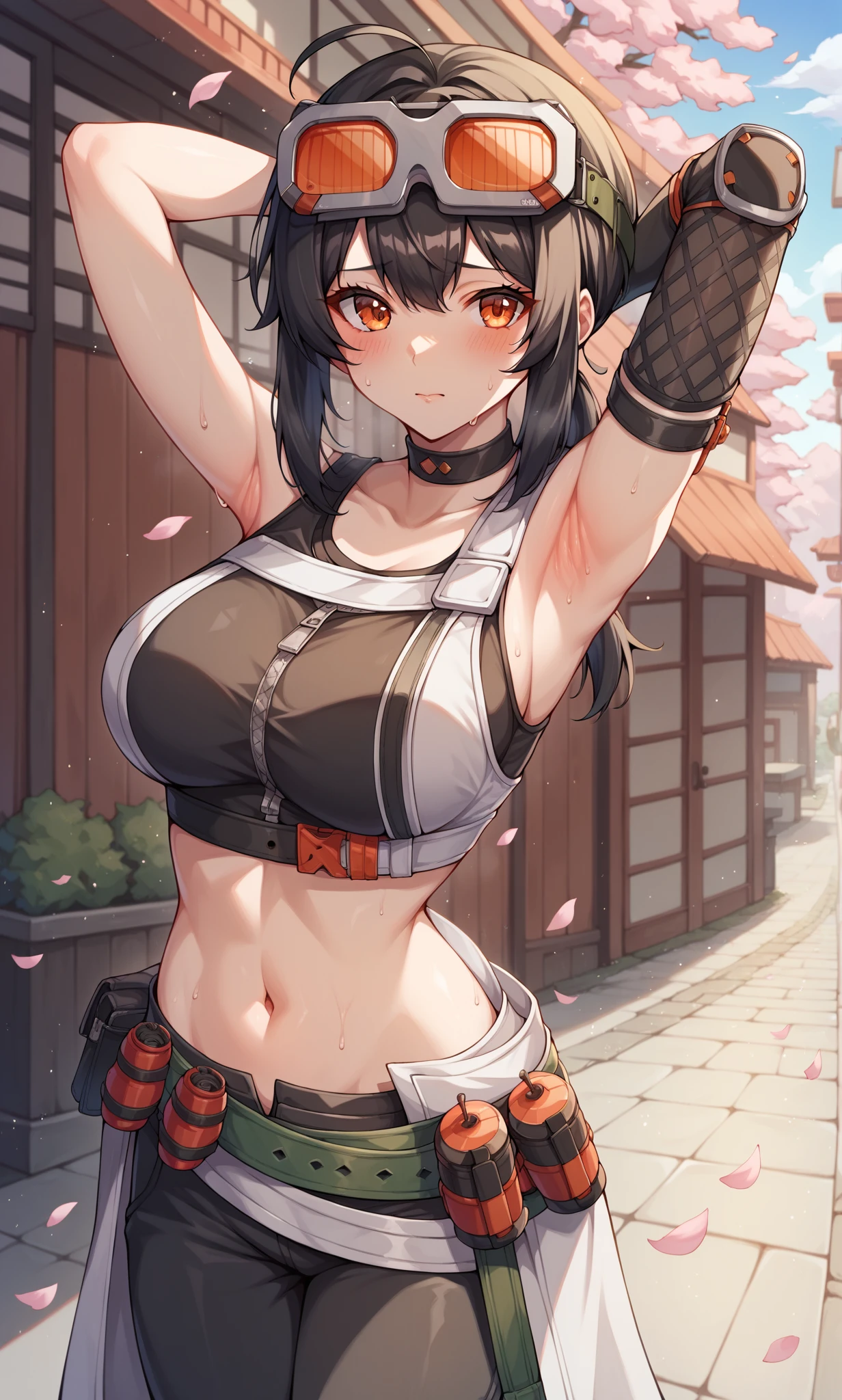  score_9, score_8_up, score_7_up, score_6_up, score_5_up, score_4_up, BREAK source_anime, 1girl, solo, outdoors, street, cherry blossoms, cowboy shot, standing, looking at viewer, grace, orange eyes, black hair, short hair, low ponytail, ahoge, goggles on head, choker, crop top, midriff, sleeveless, elbow gloves, asymmetrical gloves, fingerless gloves, black pants, loose belt, waist cape, knee pad, black footwear, arms behind head, sweat, blush