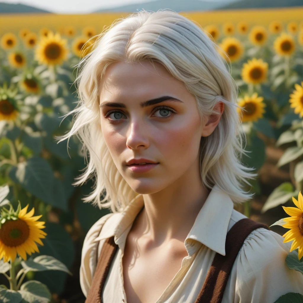 | Kodak Portra 400 film |BREAK| Ciri from The Witcher, standing in a field of sunflowers in Tuscany, Italy, her white hair glowing in the sunlight, facing the viewer with a thoughtful expression, a trompe l'oeil masterpiece |>
(Hyperrealistic_Trompeloeil1:2.5)