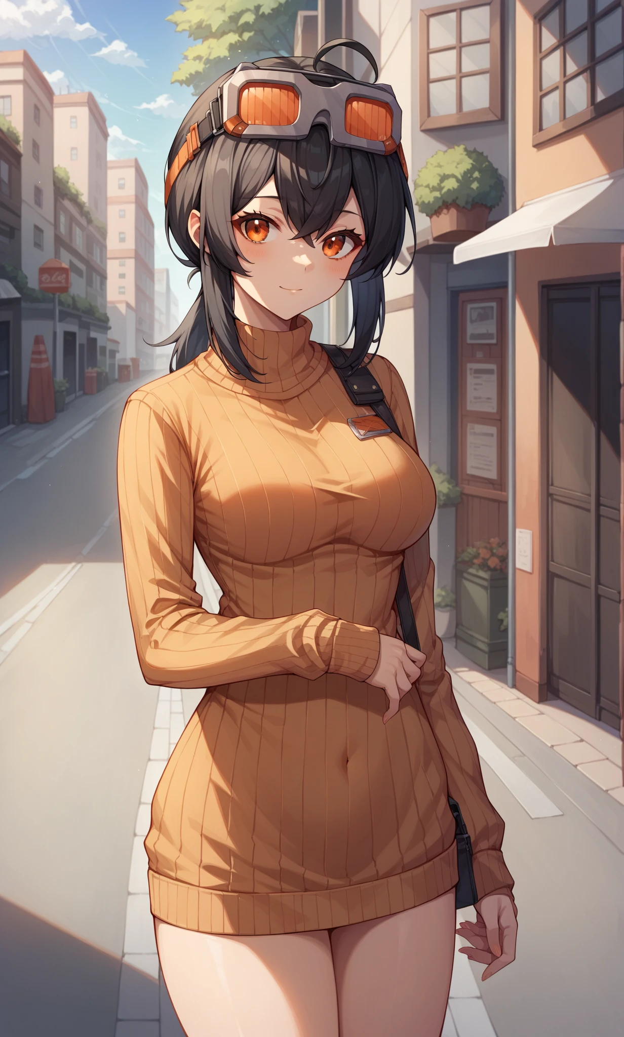 score_9, score_8_up, score_7_up, score_6_up, score_5_up, score_4_up, BREAK source_anime, 1girl, solo, outdoors, street, cowboy shot, standing, looking at viewer, grace, orange eyes, black hair, short hair, low ponytail, ahoge, goggles on head, ribbed sweater, sweater dress, turtleneck, long sleevess 