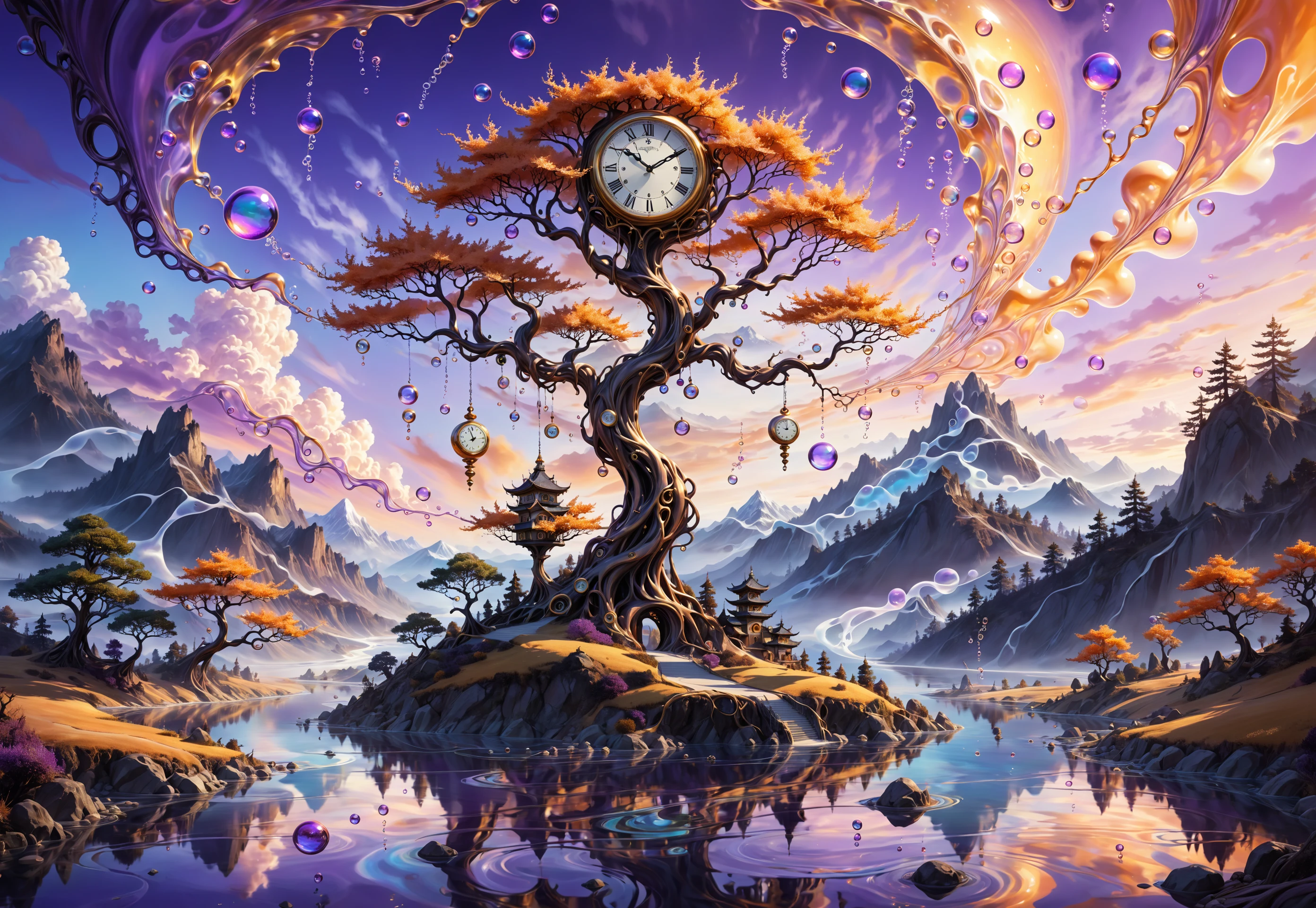 surrealist landscape, melting mountains, floating clock, twisted trees, spiral trunks, human eye leaves, river of gold, shimmering reflections, translucent bubbles, miniature scenes, fantastical creatures, purple sky, orange horizon, iridescent clouds, dreamlike colors (masterpiece:1.2), (best quality:1.2), ultra-detailed, best shadow, detailed background, high contrast, (best illumination, an extremely delicate and beautiful), ((cinematic light)), 8k, anime, very aesthetic,