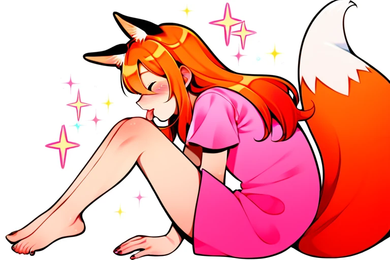 score_9, score_8_up, score_7_up, anime girl, pink dress, licking-own-leg, sitting, from front, white background, one eye closed, orange hair, animal ears, fox tail, sparkles, detailed, blush, pastel colors