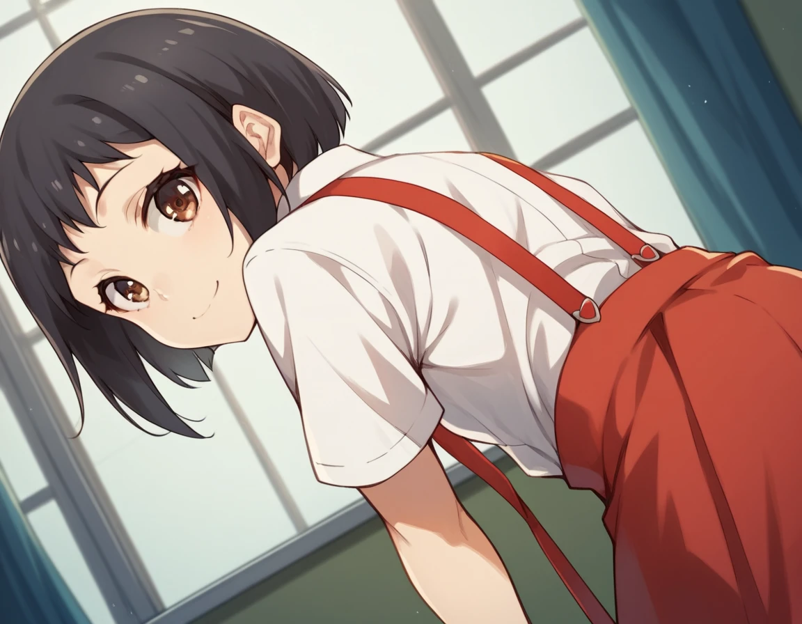 score_9, score_8_up, score_7_up, source_anime, <lora:hanako-hasegawa-ova-ponyxl-lora-nochekaiser:1>, hanako hasegawa, short hair, black hair, brown eyes,, skirt, shirt, ribbon, school uniform, white shirt, red ribbon, suspenders,, indoors, bent over, smile, looking at viewer, solo,, cowboy shot, dutch angle