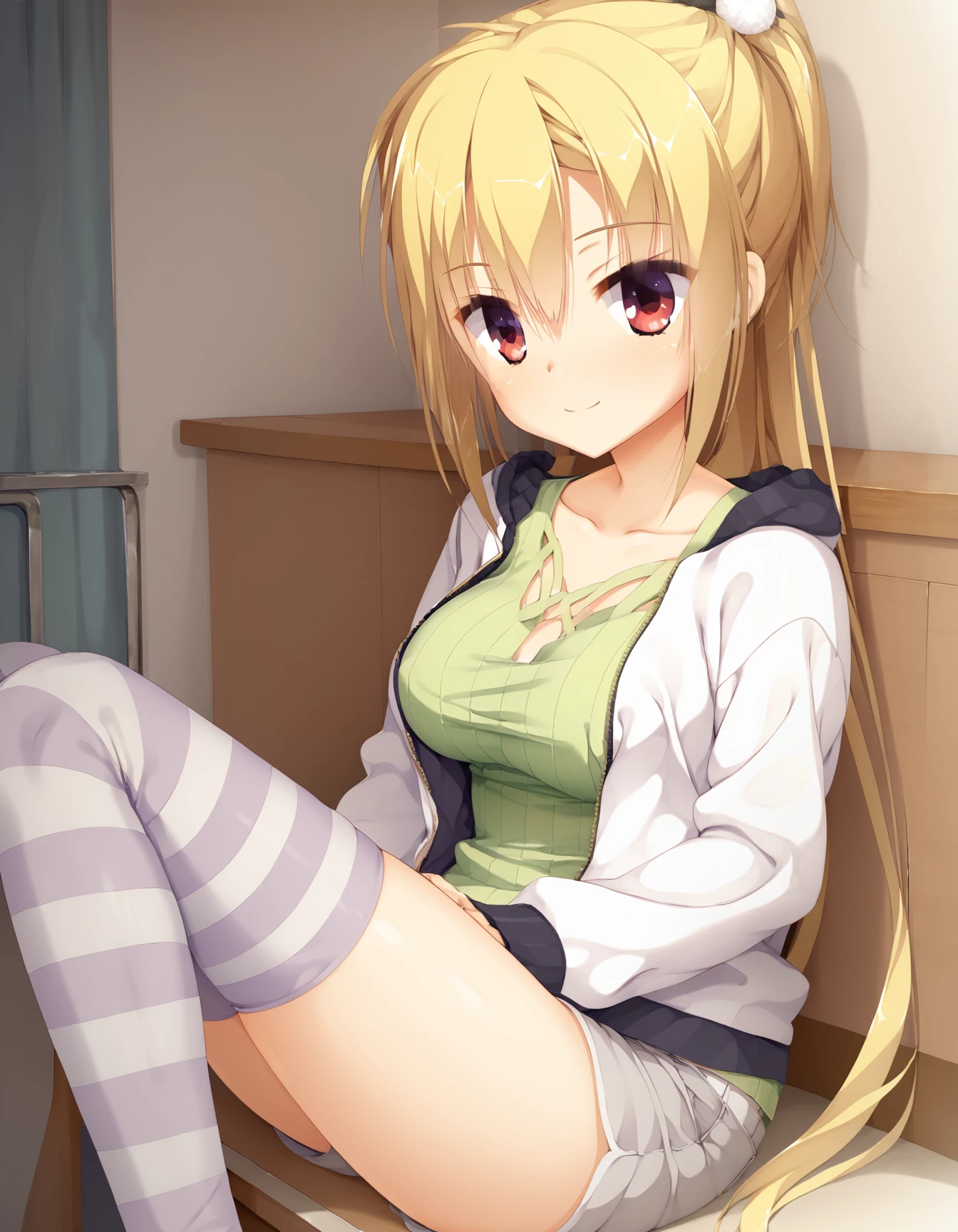 (score_9,score_8_up,score_7_up),source_anime,best quality,masterpiece,
1girl,solo,
indoors,smile,looking at viewer,sitting,
arihara_nanami,yuzi-soft,blonde hair,long_hair,large breasts,red_eyes,hair_between_eyes,
arihara_nanami_casual,casual,high ponytail,ponytail,hair_ornament,pom_pom_hair_ornament,jacket,white_jacket,open_jacket,partially_open_jacket,green_shirt,shirt,long_sleeves,sleeves_past_wrists,grey_shorts,shorts,short_shorts,thighhighs,striped_thighhighs,