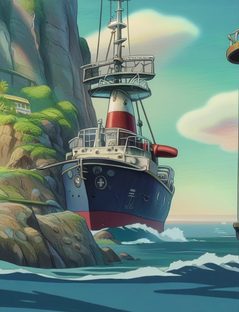 the lighthouse on the ocean cliff, military ship, detailed background
score_8_up <lora:Ponyo Mood:1>