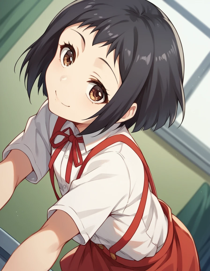 score_9, score_8_up, score_7_up, source_anime, <lora:hanako-hasegawa-ova-ponyxl-lora-nochekaiser:1>, hanako hasegawa, short hair, black hair, brown eyes,, skirt, shirt, ribbon, school uniform, white shirt, red ribbon, suspenders,, indoors, bent over, smile, looking at viewer, solo,, cowboy shot, dutch angle