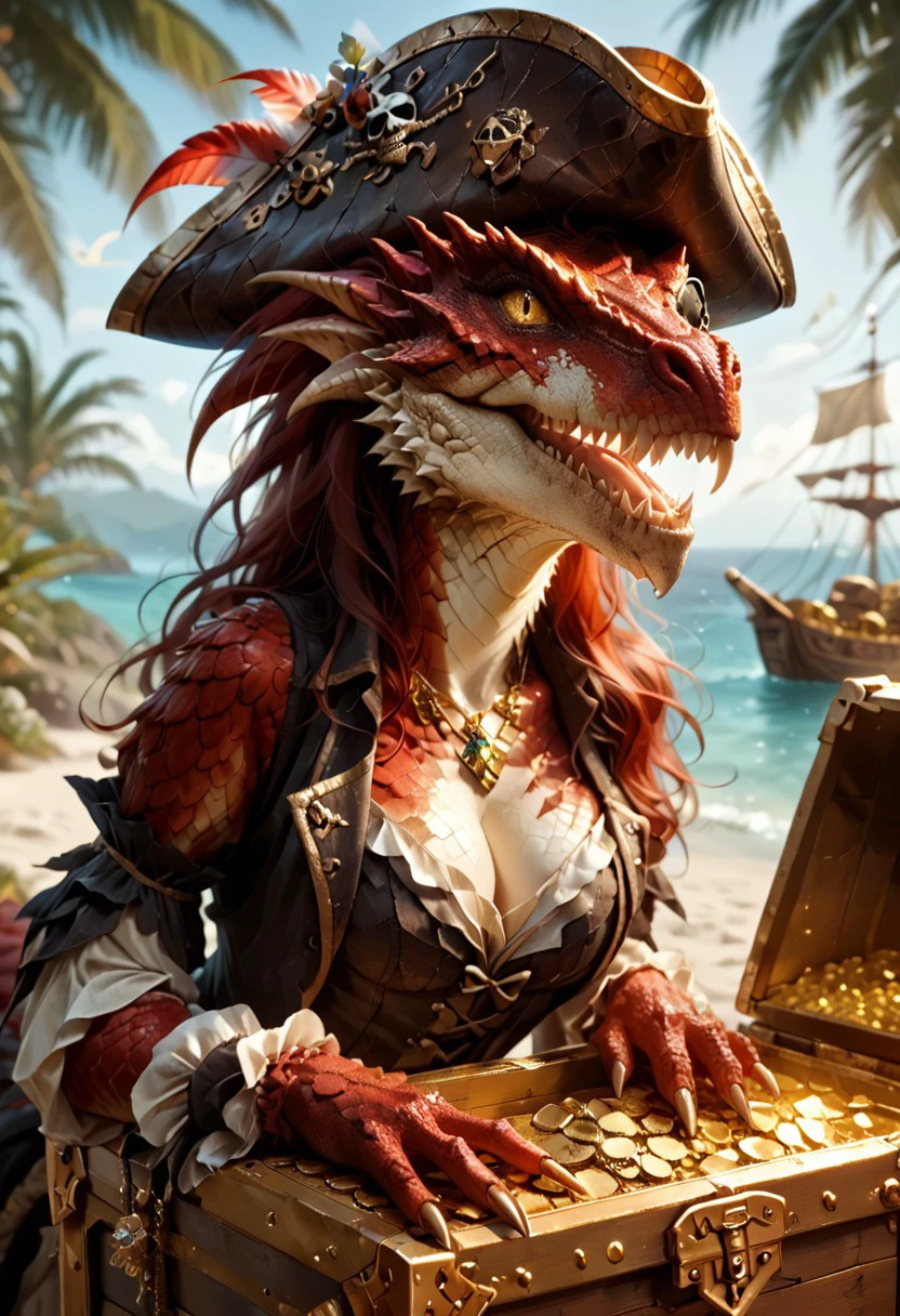 (((beautiful, high quality, high detailed, realistic lighting))), upper body, score_9, score_8_up, score_7_up, Dragonborn, red furry dragon, scaly skin, tail, tall stature, 1girl, solo, pirate costume, red scaly skin, scaly cleavage, tropical island, (leaning over treasure chest full of gold:1.6), (pirate hat, eyepatch, scars, evil, excited, happy, cheering, flying coins, looking at the viewer:1.2), blurred background,