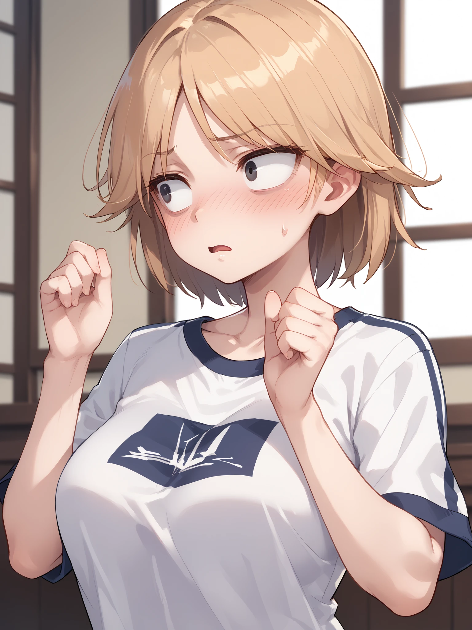 score_9, score_8_up, score_7_up, score_6_up, score_5_up, score_4_up, neiabaraja, solo, collarbone, looking_away, parted_bangs, black eyes, large_breasts, bags_under_eyes, embarrassed, sweatdrop, sanpaku, blush, open_mouth, parted_lips, frown, white_shirt, taut_shirt, short_sleeves, bare_arms, hands_up, upper_body, indoors, <lora:Neiabaraja_V1SDXL_1:0.8>