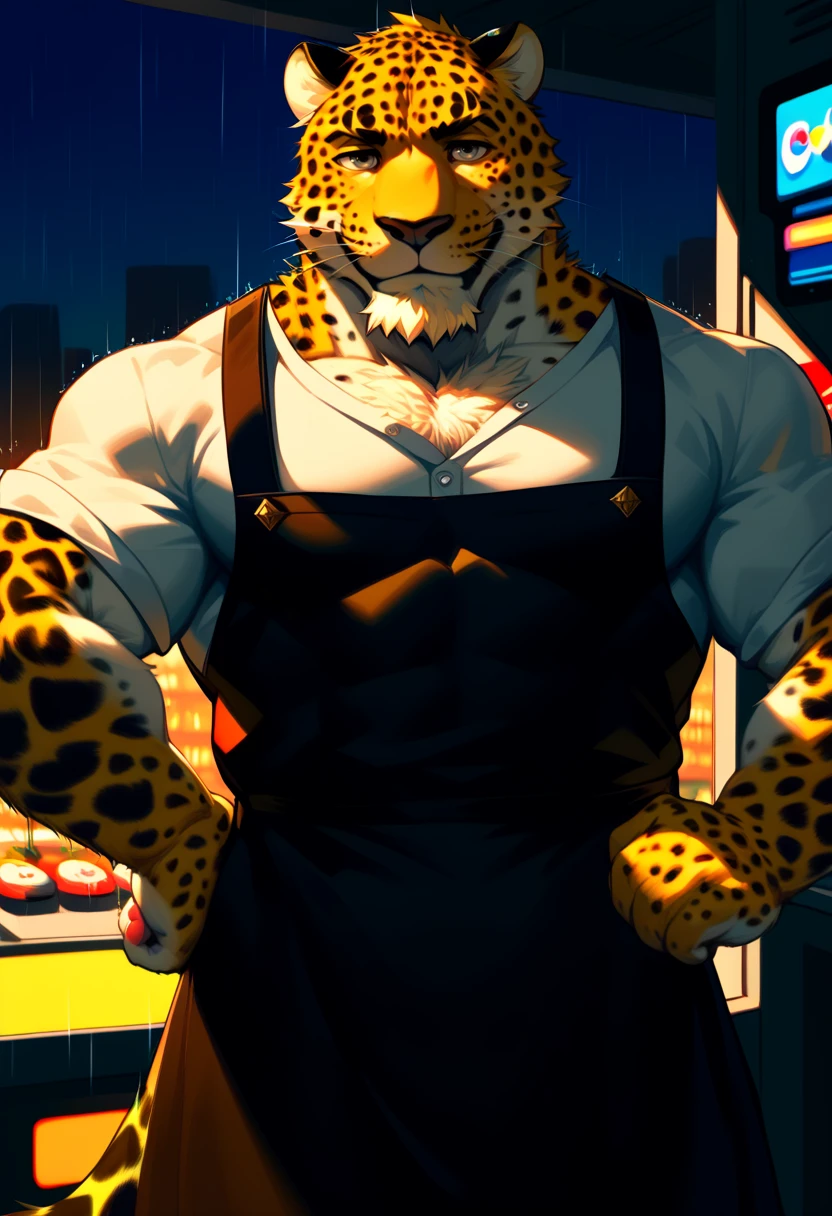 score_9, score_8_up, score_7_up, male, solo, furry, anthro, kemono, amurleopard, (leopard:1.4), muscular male, bara, manly, spread arms, paw pads, dynamic angle, looking at viewer, half-closed eyes, smile, waist apron, black vest sunset, rain, arcade, cafe, terras, black nose, (goatee:1.2), silver eyes, detailed fur texture, pubic hair, hairy pectorals, chest hair, intricate detail, 8k, best quality, masterpiece, amazing quality, best aesthetic, absurdres, <lora:amurleopard_pony_3.5-000013:1.2>