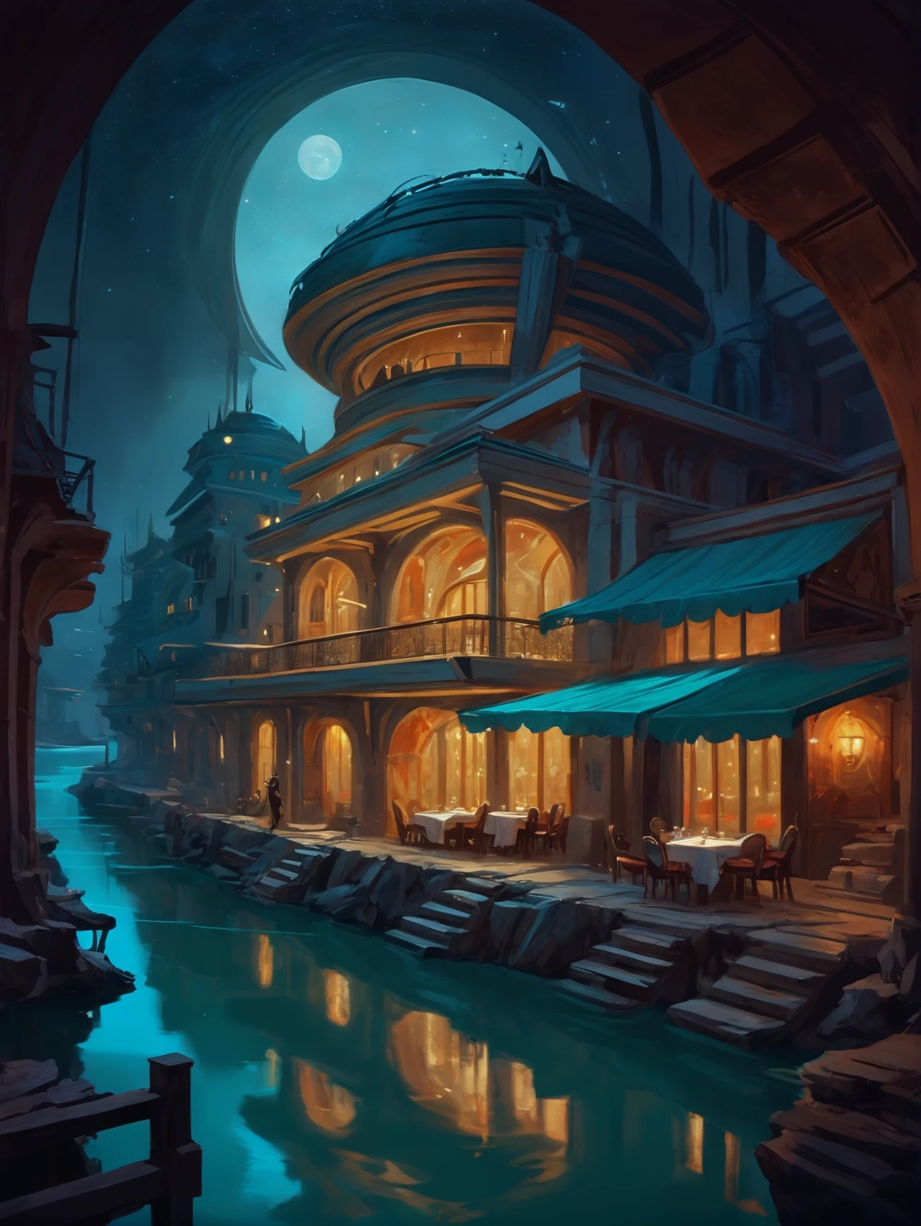 digital painting, retro horror, ancient greek restaurant overlooking a river in a amazing,empty fantasy megastructure edge of the universe, masterpiece, by Juhani Jokinen<lora:EnvyQuaintFuturismXL01:1.2>