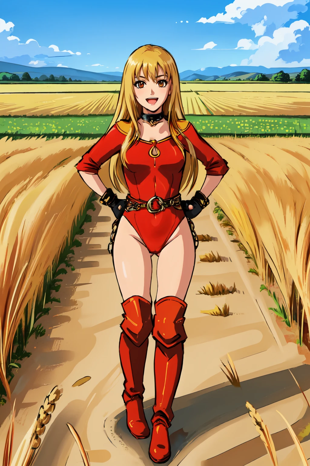 masterpiece,best quality,1girl, <lora:VolcanaUV15:0.65>,volcanauv,standing,hands on hips,straight on,facing viewer,full body,happy,:d,red leotard,choker,fingerless gloves,chain belt,knee boots,outdoors,in wheat field