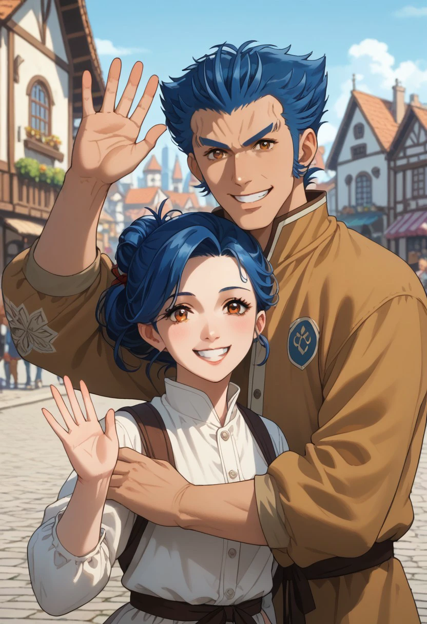 score_9, score_8_up, score_7_up, source_anime, rating_safe, hands with five fingers, Gunook, 1boy, 1girl, male focus, anime screencap, father and girl, looking at viewer, waving, head on each other, blurry outdoors city, medieval buildings, extremely happy, teeth, wide smile, KYAAAAAAAAAAA THIS IS SO PERFECT OMG gotta totally edit this XD