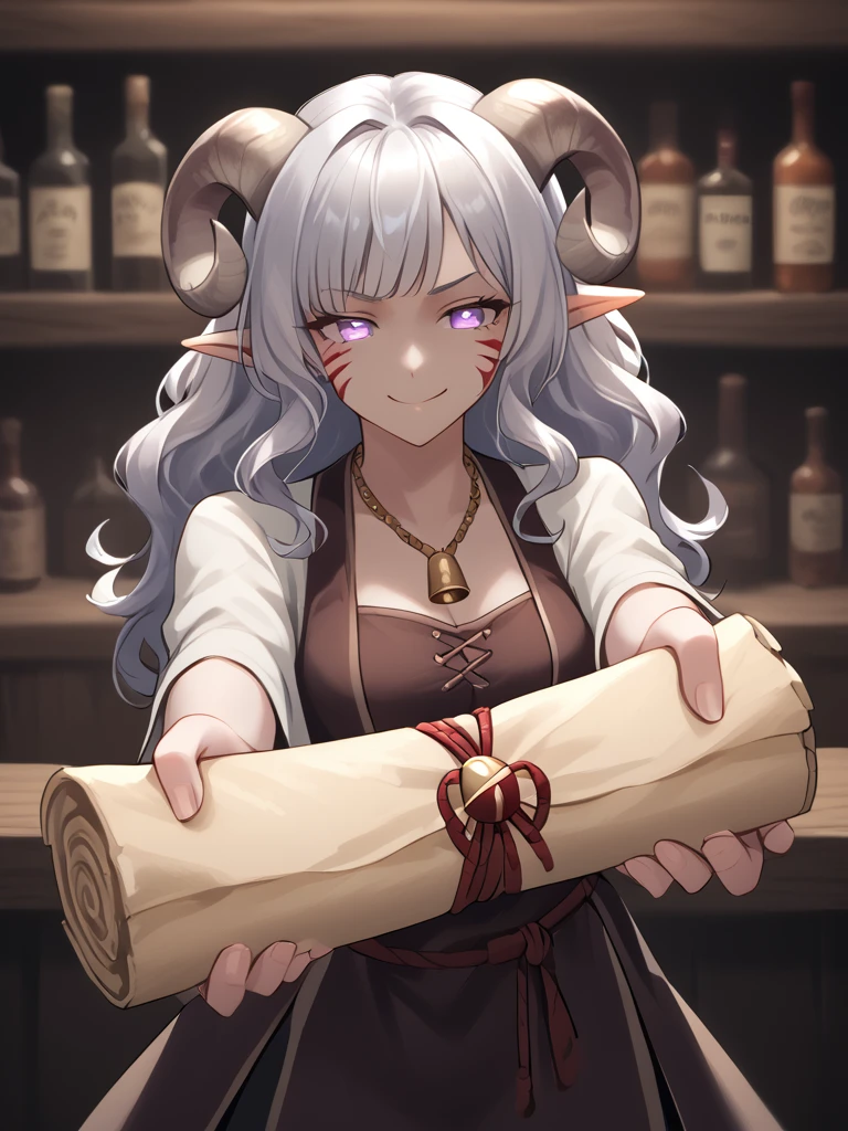 source_furry, score_7_up, rating_safe, cowboy shot, close up, source_anime,anime face,<lora:whisker_markings:0.8>red whisker_markings, silver long wavy hair, tavern, bell necklace, short pointy ears, purple eyes, <lora:age_slider_v4:0.6>
<lora:Tieflingnew weird fantasyDND:0.3><lora:Smooth Style 2 SDXL_LoRA_Pony Diffusion V6 XL:0.3> smile, open eyes, 
<lora:Test_Diana:0.8> tiefling_bard_diana, <lora:INKxXmo shaded face:0.8> Shaded Face:1.2,INKxXmo Dark Theme, 
 <lora:sealed_scroll:0.7> sealed_scroll:1.6, holding sealed_scroll, outstretched arms, standing, palm,