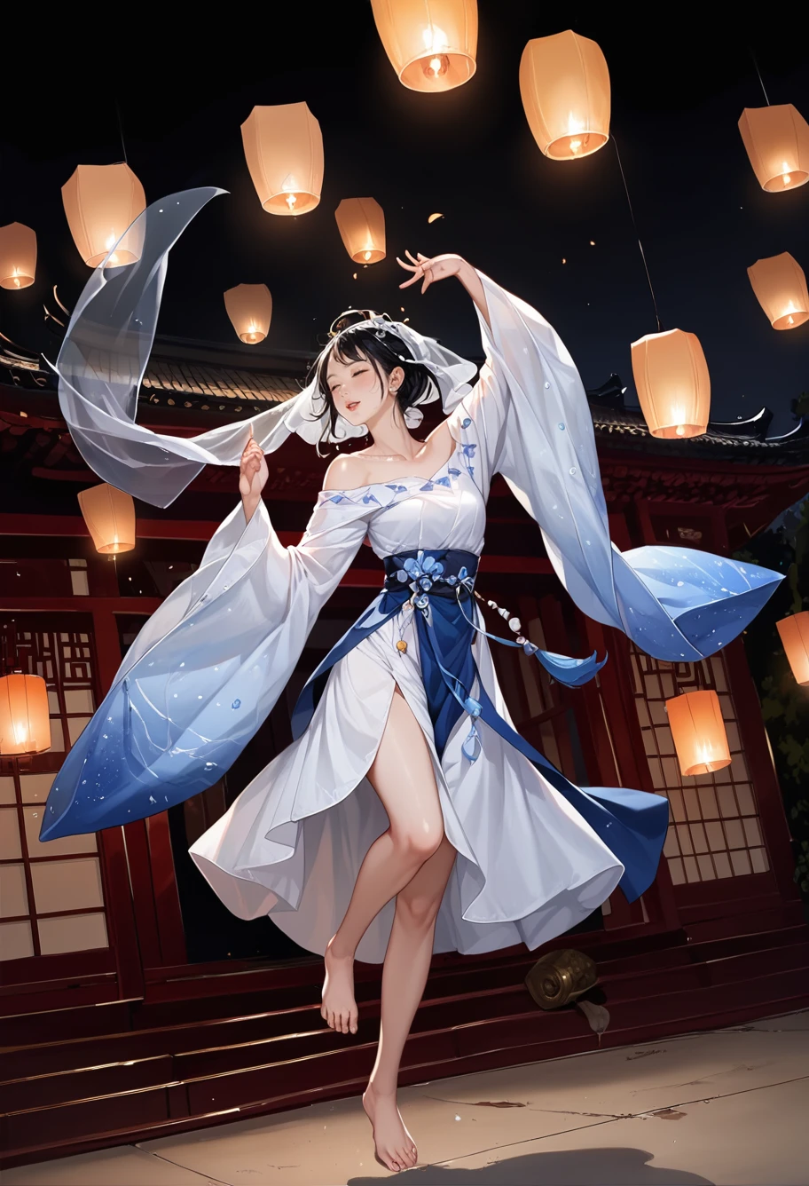 ,ruanyi0799,lantern,glowing,night sky,no humans,,ruanyi0759,blue dress,hanfu,jewelry,veil,off shoulder,wide sleeves,white dress,dancing,barefoot,<lora:0799 Kongming lantern_v1_pony:1>,<lora:0759 Yingluo blue Hanfu_v1_pony:0.7>, score_9,score_8_up,score_7_up,,8k,1girl,solo,,