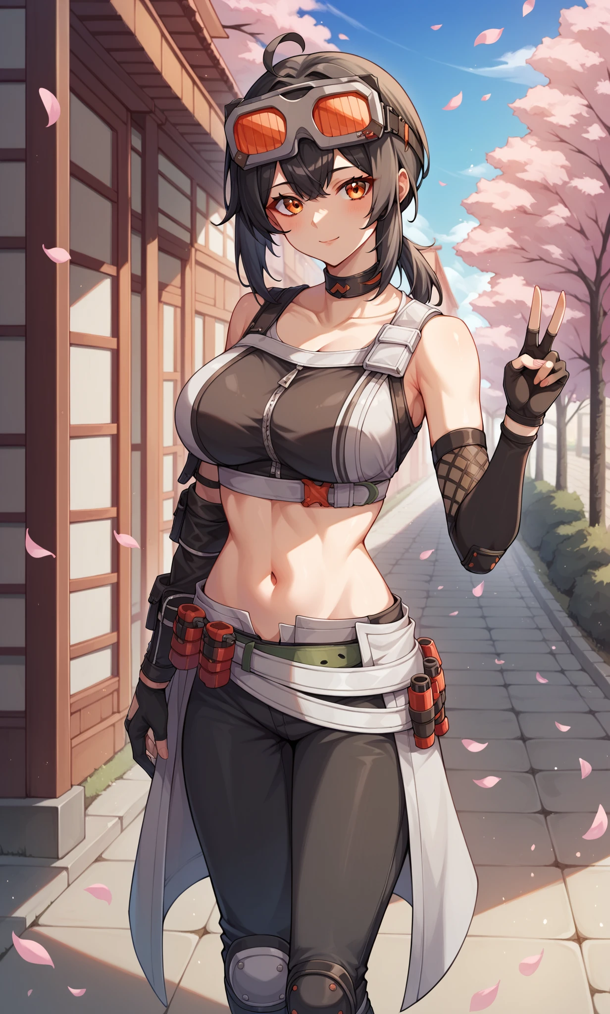 score_9, score_8_up, score_7_up, score_6_up, score_5_up, score_4_up, BREAK source_anime, 1girl, solo, outdoors, street, cherry blossoms, cowboy shot, standing, looking at viewer, grace, orange eyes, black hair, short hair, low ponytail, ahoge, goggles on head, choker, crop top, midriff, sleeveless, elbow gloves, asymmetrical gloves, fingerless gloves, black pants, loose belt, waist cape, knee pad, black footwear, peace sign