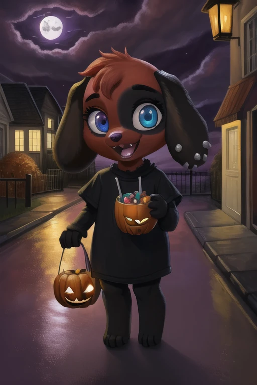 1girl, solo, furry female, red fur, night, purple sky, halloween, wide-eyed, jack-o'-lantern, holding, halloween bucket, chibi, cute, Spider-Web Tee, outdoors, cloudy sky, street, autumn, animal ears, dog girl, best quality, smile, open mouth, straight-on, aged down, detailed, blue eyes, photorealistic, official art, beautiful, painting \(medium\), candy, shiny, animal hands, <lora:trg_cherry_v2:1>, <lora:chibiArtstyle_10:0.6>