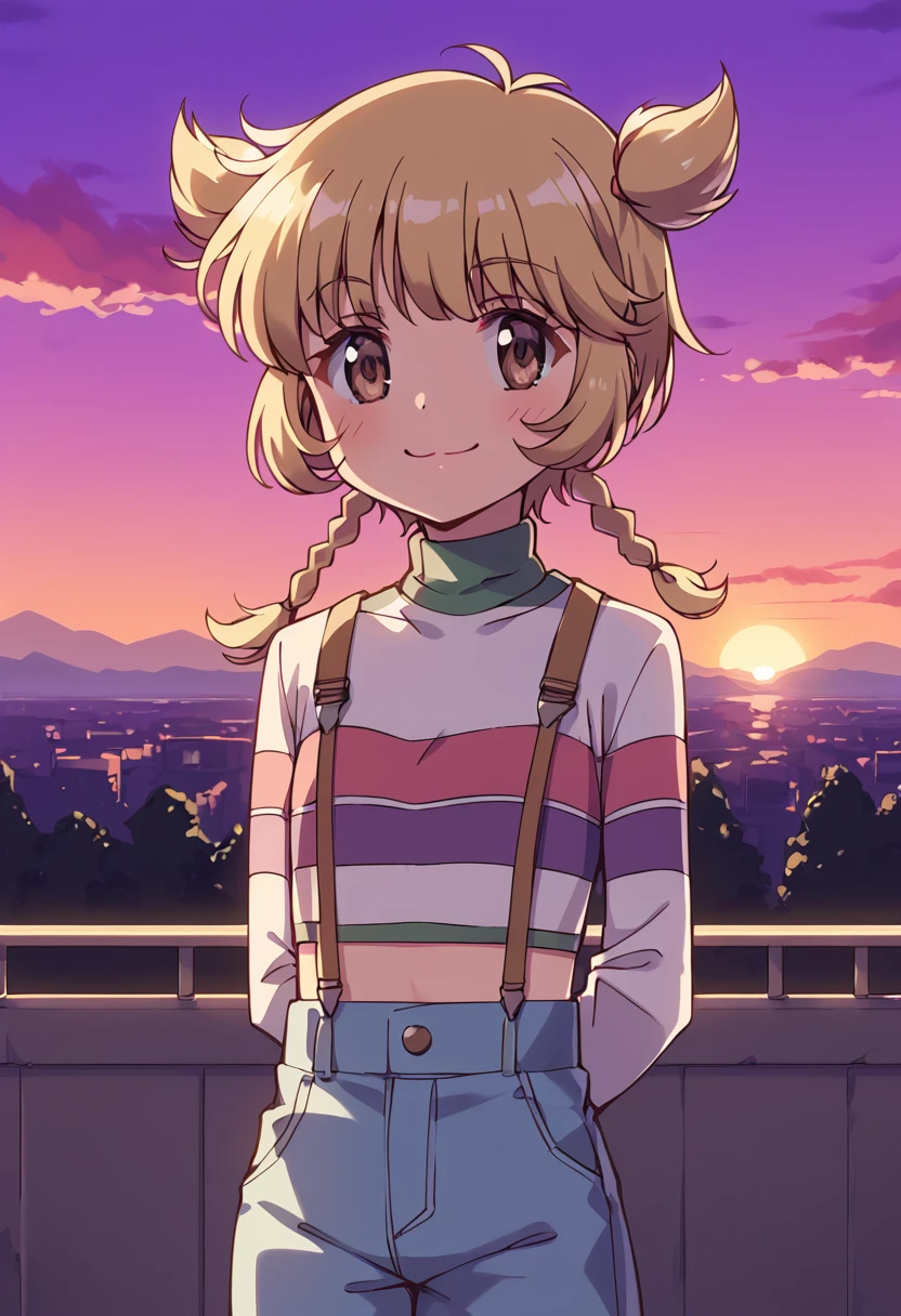 score_9, score_8_up, score_7_up, source_anime, BREAK
fong pudding, 1girl, brown eyes, :3, blonde hair, solo, short hair, arms behind back, twin braids, short twintails, brown hair, smile, twintails, child, flat chest, solo, long sleeves, yellow eyes, midriff, blush, overalls, striped shirt, outdoors, pants, sky, two side up, hair flaps, sweater, suspender skirt, standing, tree, white shirt, eyebrows visible through hair, collar, closed mouth, building, turtleneck, cowboy shot, bangs, choker, striped clothes, crop top, cloud, purple sky, anime coloring, denim, cropped shirt, sunset, twilight,
<lora:mew_pudding_fong_pudding_sdxl_locon_pony_v1:0.7>