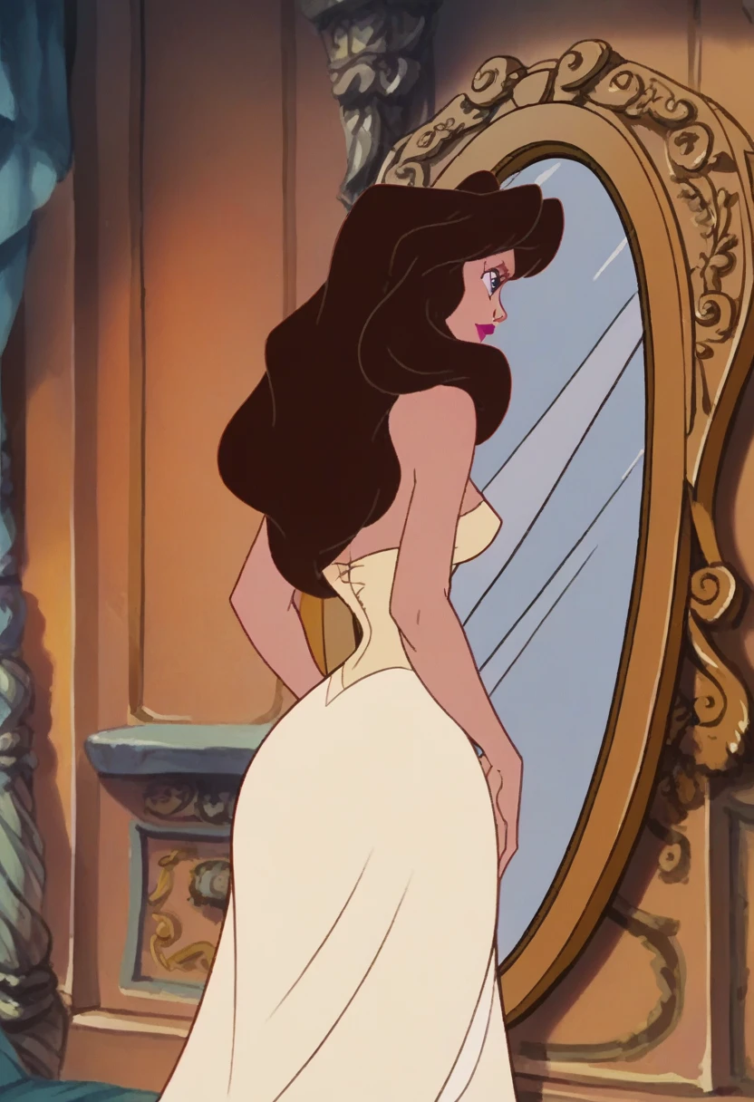 score_9, score_8_up, score_7_up, score_6_up, animation, retro artstyle, disney style, 1 girl va79ssa, sfw,  <lora:Vanessa_pxl_V0.0:1> vanessa, white dress, looking at mirror, holding mirror, from waist up, close-up
<lora:Smooth Anime 2 Style SDXL_LoRA_Pony Diffusion V6 XL:0.5>
<lora:Disney_Renaissance:0.5>