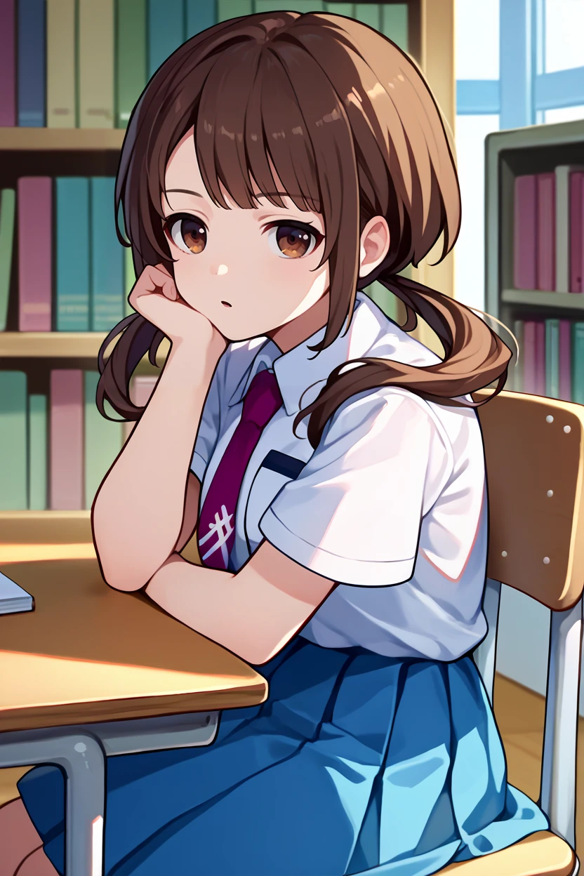 score_9, score_8_up, score_7_up, score_6_up, source_anime, 1girl, solo, <lora:okitasawa-pdxl-nvwls-v1-000006:1> okitasawa, brown hair, low twintails, white shirt, short sleeves, red necktie, blue skirt, sitting, desk, library, sitting in chair, head rest, from side, looking at you, chestnut mouth