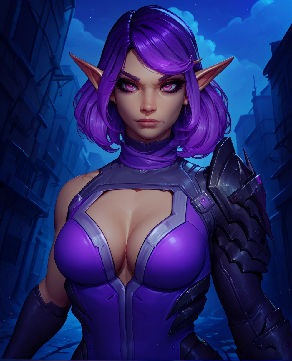 score_9,score_8_up,score_7_up,score_6_up,
skyexl,pointy ears,pink eyes,purple hair,
solo,upper body,
bodysuit,cleavage,single pauldron,bare shoulder,
night,fantasy,in the shadows,alley,
<lora:SkyeXL:0.8>,