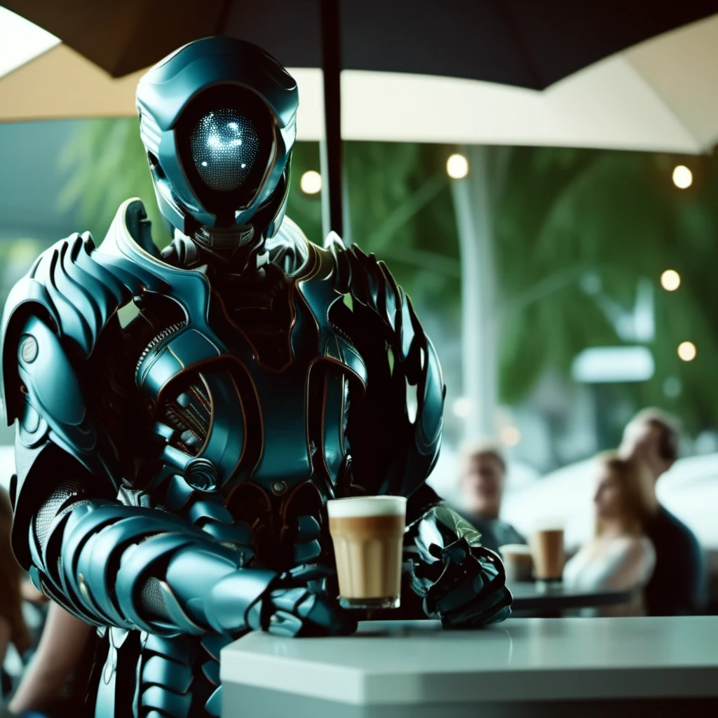 cinematic photo robot, armor, helmet, serves coffee in starbuck,  <lora:LIS-V3:0.8> . 35mm photograph, film, bokeh, professional, 4k, highly detailed