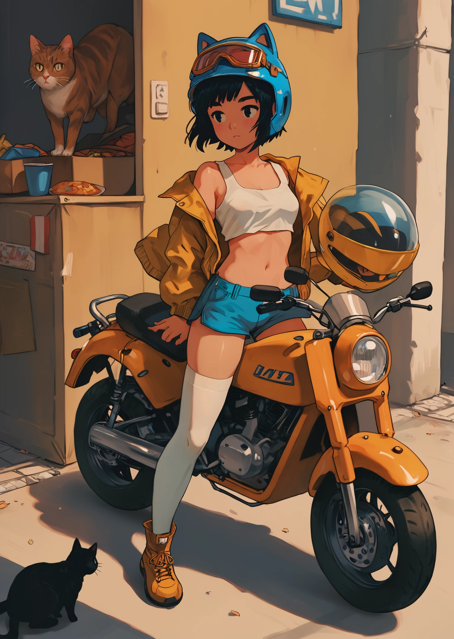 Score_9, score_8_up, score_7_up, score_6
Cuti3C0mics 1girl, solo, short hair, shirt, black hair, thighhighs, navel, jacket, white shirt, food, shoes, shorts, midriff, white thighhighs, crop top, shadow, cat, helmet, goggles, ground vehicle, box, motor vehicle, blue shorts, bowl, yellow jacket, wide shot, motorcycle, yellow footwear, helmet removed, holding helmet
<lora:Cuti3C0mics Pony Style V2:1>