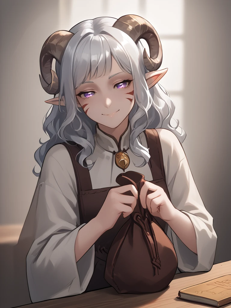 1girl, solo, source_furry, score_7_up, rating_safe, source_anime, anime face, 
<lora:whisker_markings:0.8>red whisker_markings, silver long wavy hair, short pointy ears, purple eyes, <lora:age_slider_v4:0.6>
<lora:Test_Diana:0.8> tiefling_bard_diana,  
<lora:Smooth Style 2 SDXL_LoRA_Pony Diffusion V6 XL:0.3> smile, open eyes, <lora:INKxXmo shaded face:0.6> Shaded FaceINKxXmo Dark Theme, cowboy shot, 
  <lora:coin_pouch:1> small holding pouch ,
small pouch on table