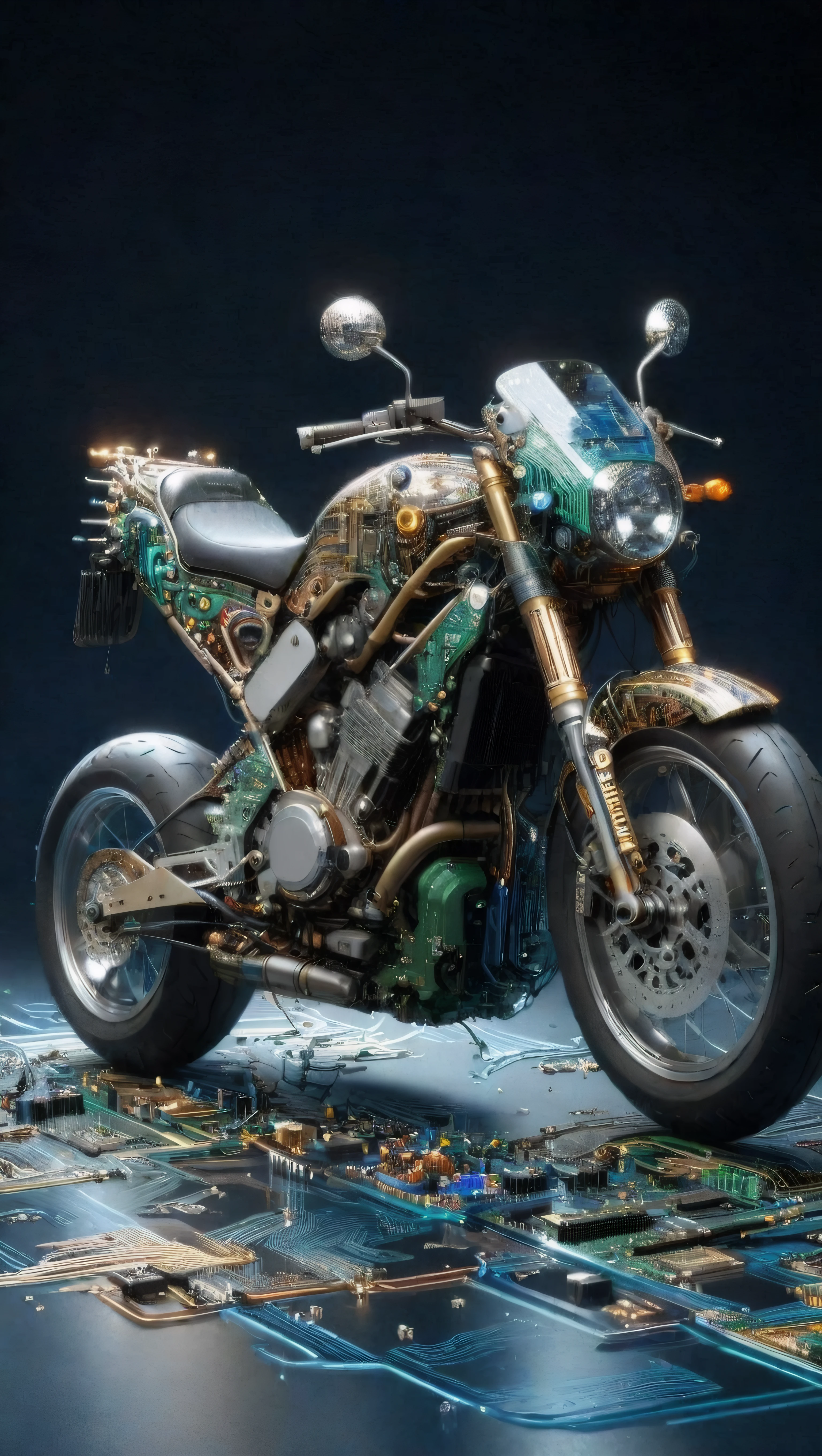 <lora:lcm-lora-sdxl:1>,<lora:add-detail-xl:1>,<lora:Cybernetic_Style_-_World_Morph:1>,wm_cyber,motorbike made of circuits,