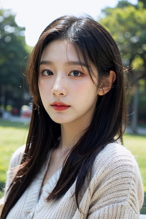 masterpiece, best quality, ultra-detailed, ultra high res, (photorealistic:1.4), raw photo, (realistic:0.2), 8k HDR, natural lighting, 1girl, solo, asymmetrical hair, outdoor, bokeh, (detailed lips), (detailed pores), (detailed skin textures), (detailed face:1.2), (upper body:1.3) cardigans,