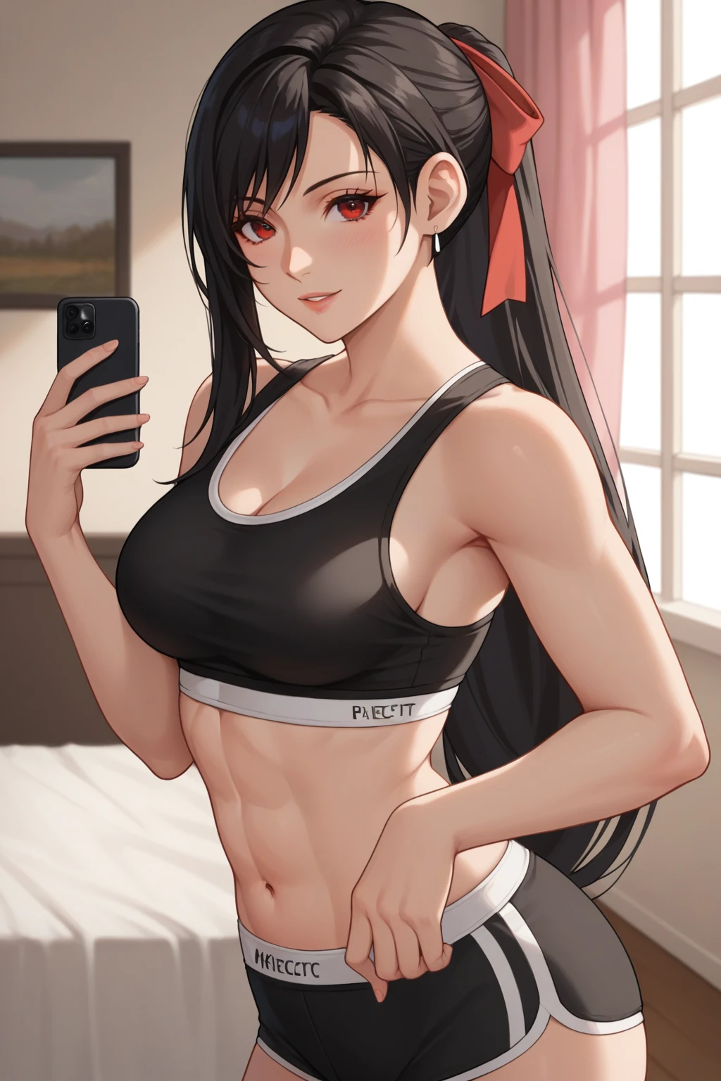 score_9, score_8_up, score_7_up, source_anime, 1girl, prefect lighting, very aesthetic, intricate details, highly detailed background, masterpiece, high quality, prefect hands, best quality, solo,
<lora:Tifa_FF_V1:.85>, KJOtifa, black hair, long hair, red eyes, 
black sports bra, black track underwear, ponytail, hair bow,
standing, holding phone, mirror, looking at viewer, seductive smile, parted lips, head tilt,
bedroom, girls bed, stuffed animal, pink curtains,
(Beautiful, medium Breasts:1.2), natural breasts,