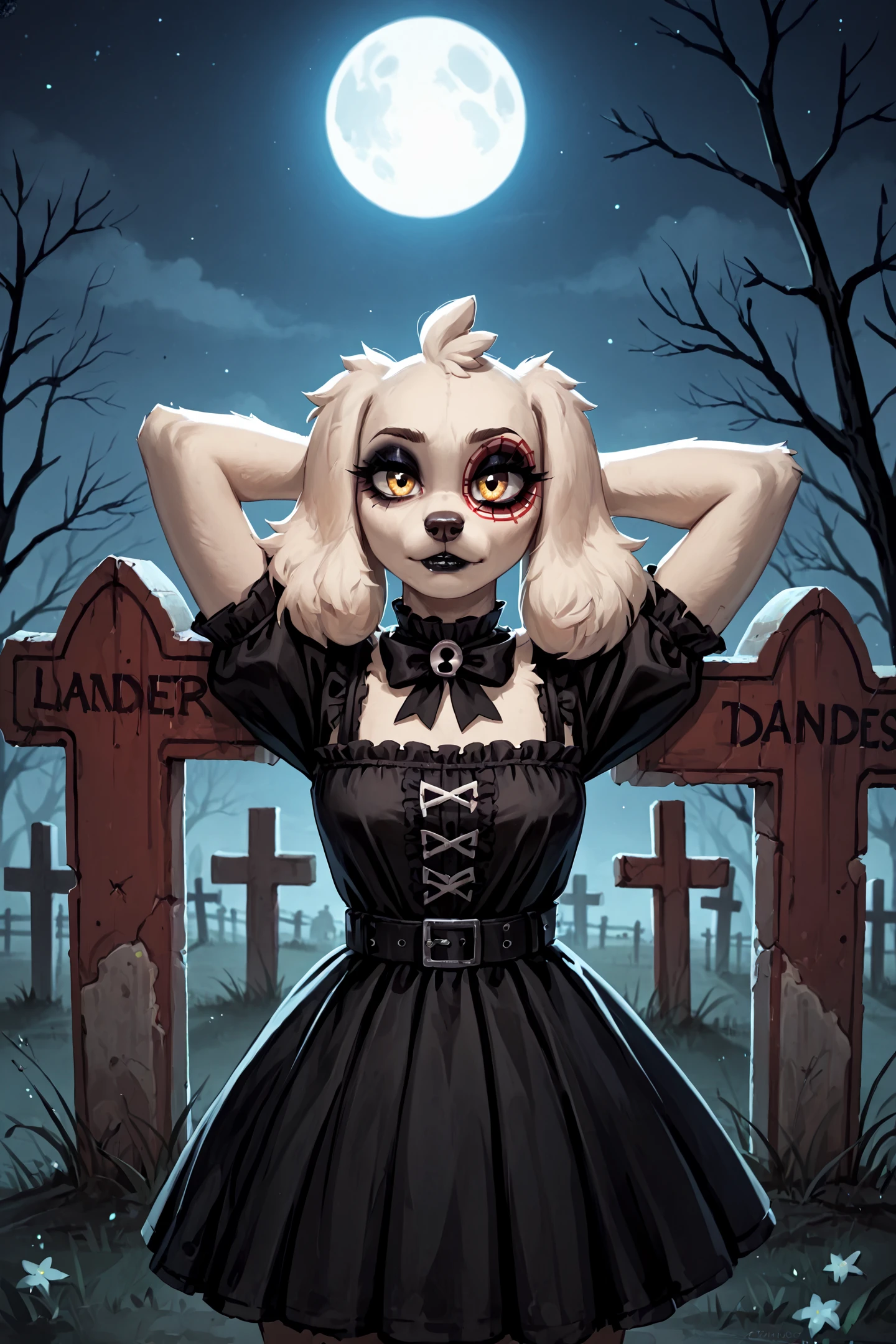 score_9_up, score_8_up, score_7_up, score_6_up, score_5_up,
viralmarketing1, yellow_eyes, mascot, canine, cocker_spaniel, floppy ears, <lora:Targetgirl_XL_test1:1> sexy pose, hands behind head, gothic attire, hair_bow, black_hair, black_lipstick, goth, eyeshadow, night, graveyard,