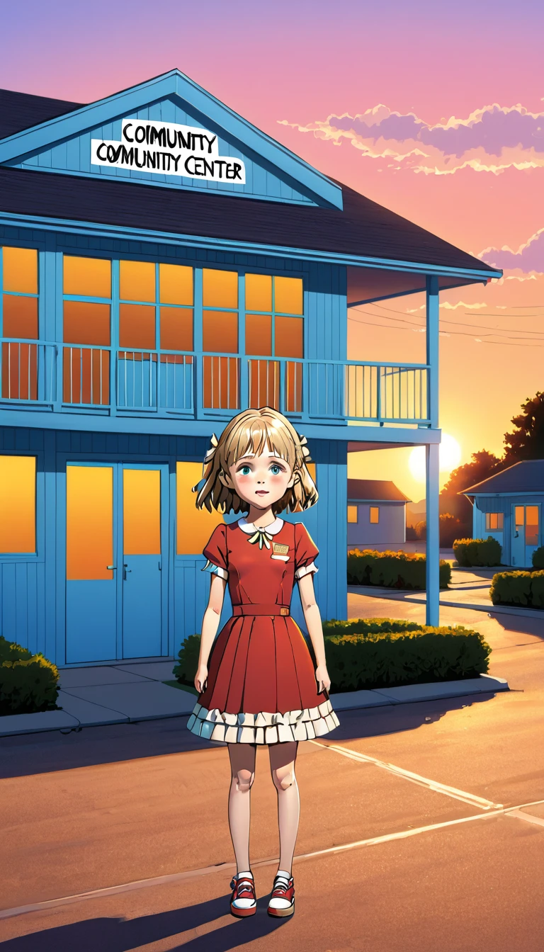 <lora:MeanNelly_Pony_XL:1> A MeanNelly girl stands in front of a building labeled 'COMMUNITY CENTER' during sunset. The building has colorful posters on its side.