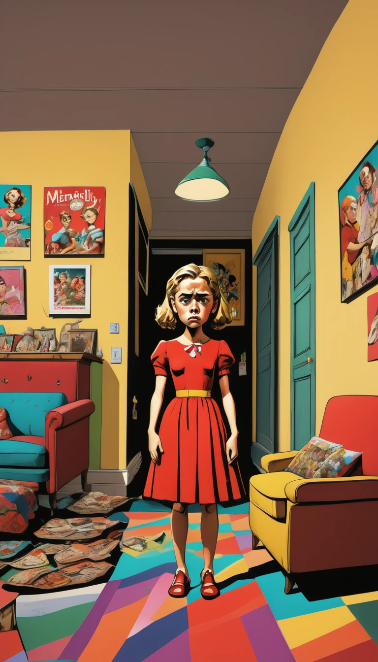 <lora:MeanNelly_Pony_XL:1> A sad MeanNelly girl stands in a vibrant living room filled with colorful furniture and decor. The building has colorful posters on its side. Red dress.