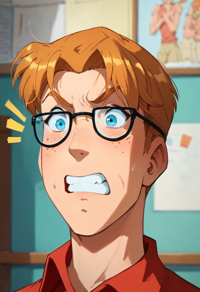 zPDXL2, score_9, score_8_up, score_7_up, 1boy, arnold_ts!, blue eyes, skinny body, orange hair, glasses, freckles, surprised, panicked, sweatdrop, clenched teeth, open mouth, close up, red collared shirt