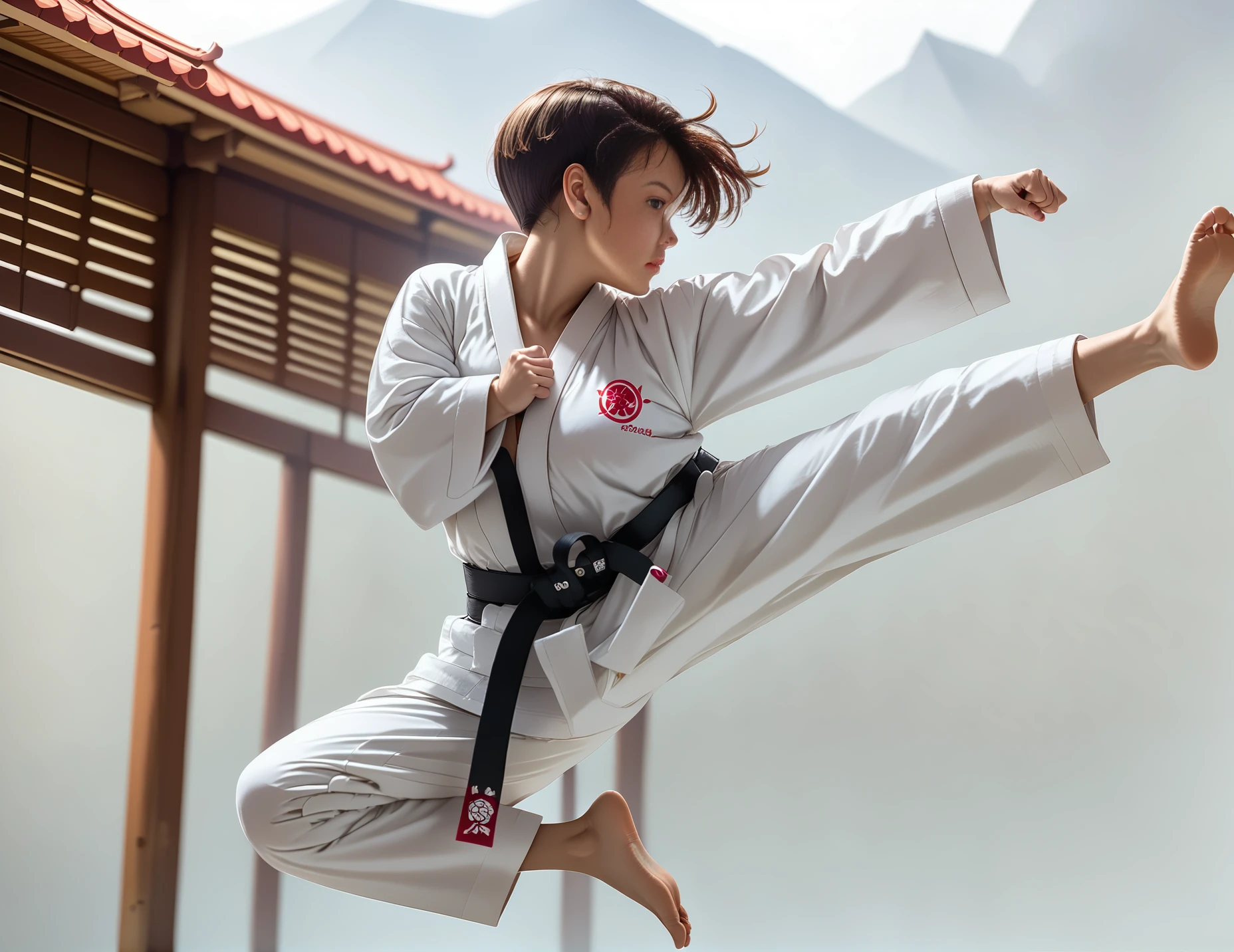 score_9, score_8_up, score_7_up, jusiki, side view, (slim 25yo female), doing a high jump sidekick, in dojo. karate uniform and black belt,short brunette straight hair <lora:JumpedSideKickPony-000007:1>