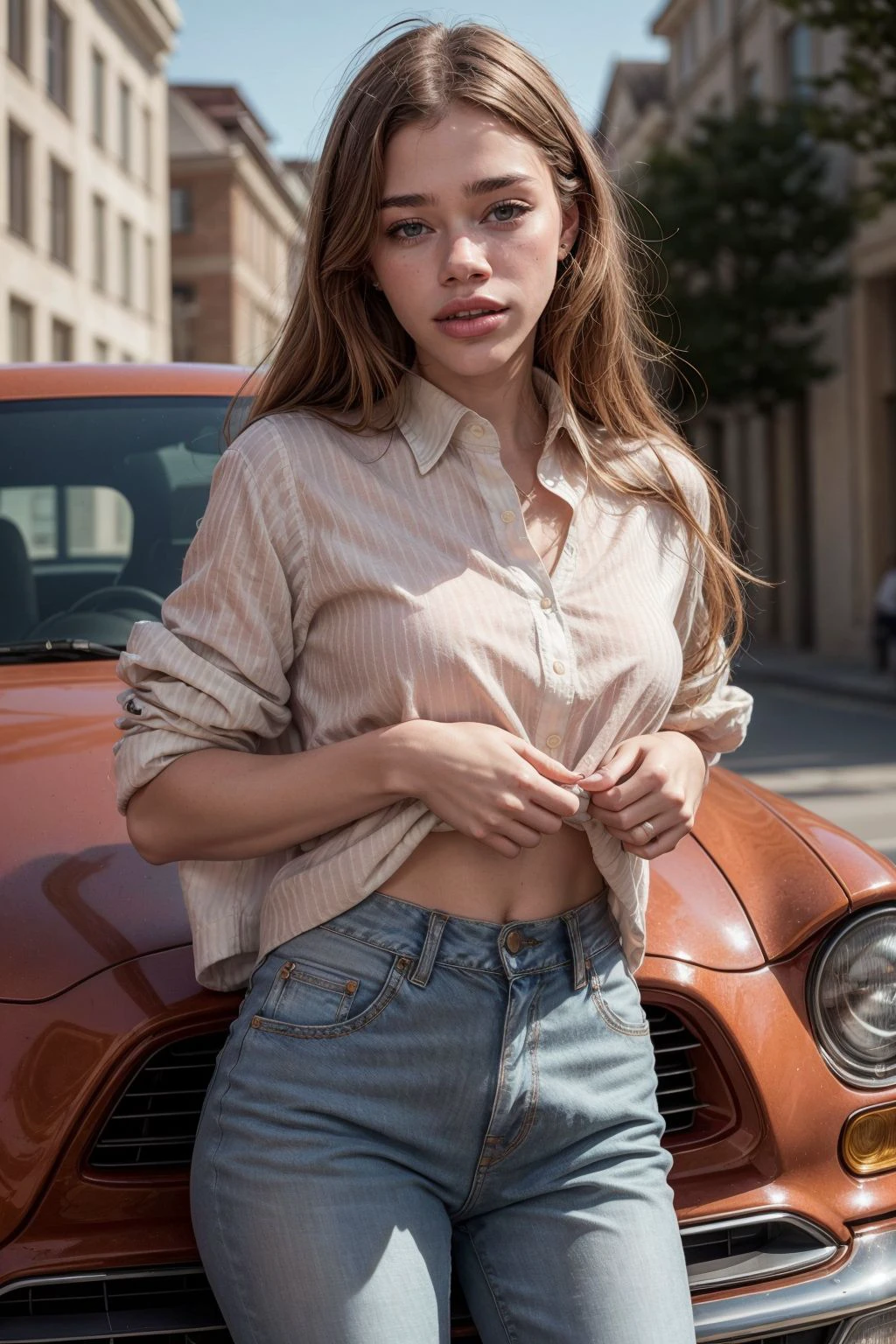 IsabellA, 1girl, solo, long_hair, shirt, realistic, looking_at_viewer, brown_hair, pants, striped_shirt, striped, denim, ass, leaning_forward on a car, sleeves_rolled_up, closed_mouth
<lora:add_detail:0.5> <lora:polyhedron_all_eyes:0.2>