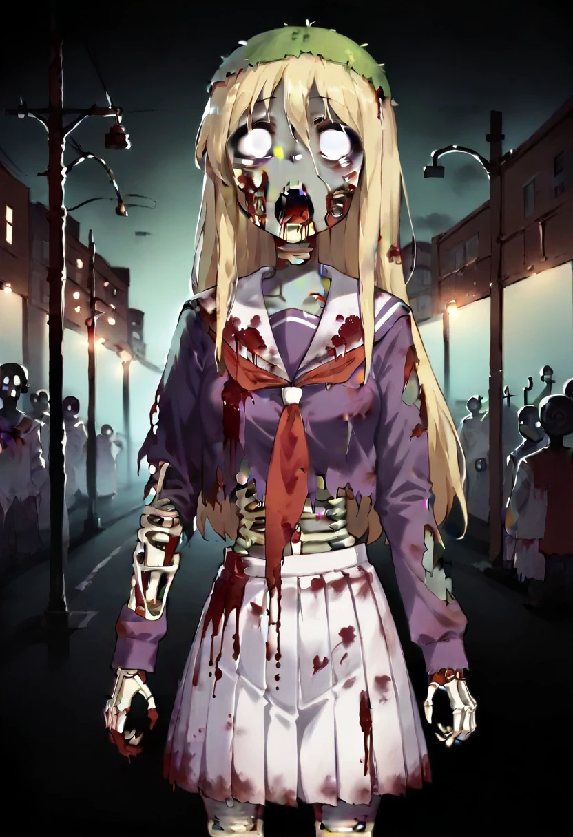 core_9, Score_8_up, Score_7_up, Miyubi_Shihio, Zombie girl, moss on the head, long hair, blonde hair,  ,(white eyes: 1.2), skirt, school uniform, pleated skirt, serafuku, white skirt, shirt, purple shirt, sailor collar, white sailor collar, long sleeves, scarf , yellow, zombie, open mouth, (dark gray skin: 1.2), Skeletal, bloody (mouth spurting blood, dirty clothes), (clothes torn), city street, (empty stare: 1.2), (artwork: 0.8) , (beautiful detailed eyes: 1.2), perfect lighting, extremely detailed CGI, (perfect anatomy; 1.2) (standing; 1.2)